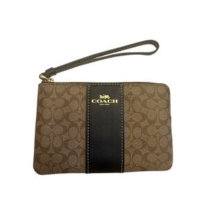 Coach Wallet Wristlet Corner Zip In Signature Canvas Mini C Khaki Black New